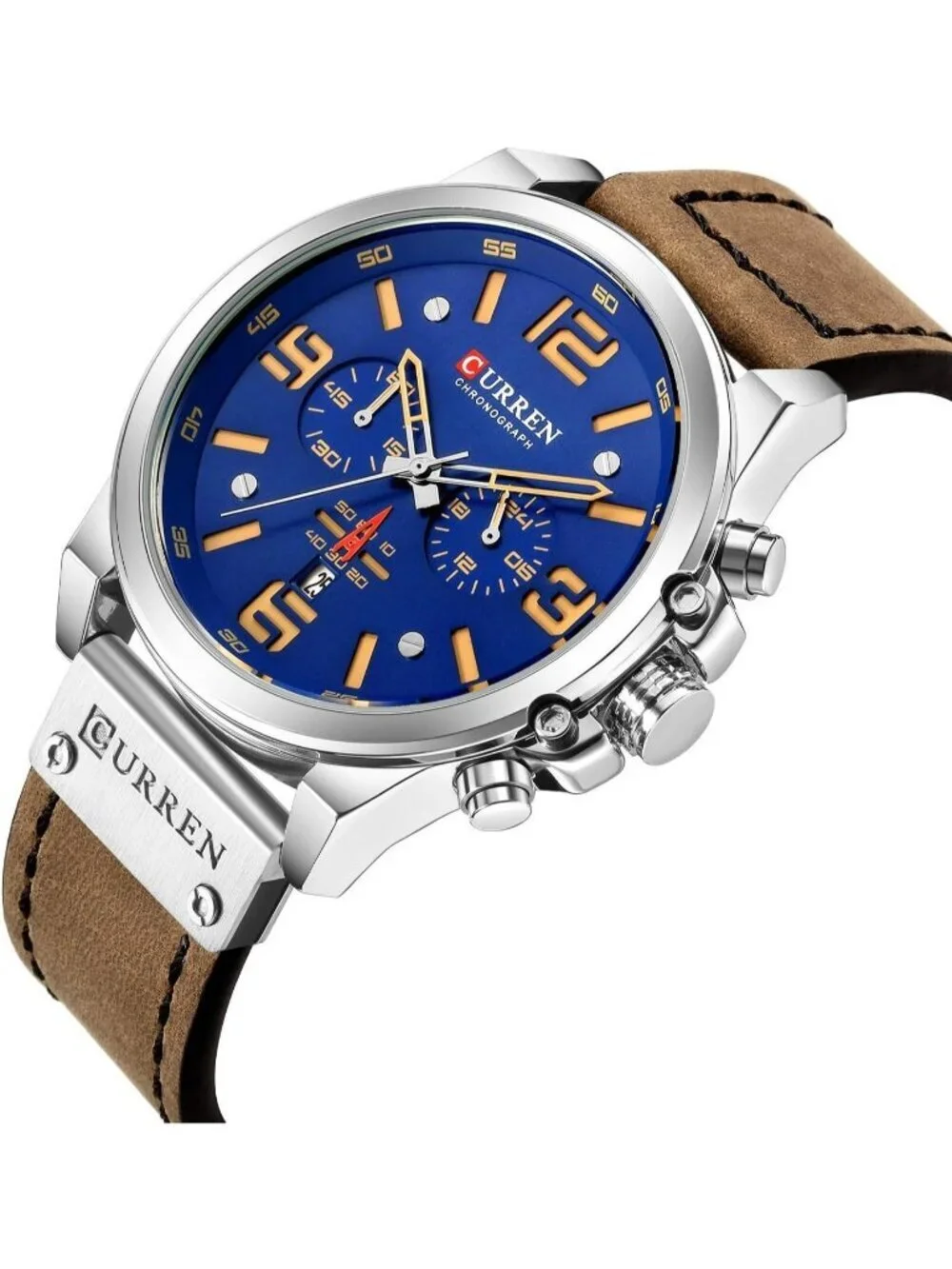 Men's Brown And Blue Analog Leather Strap Sandwich Dial Chronograph Wrist Watch
